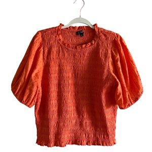 J Crew Top Blouse Puff-sleeve Cropped  Voile Smocked Orange Womens Size Large